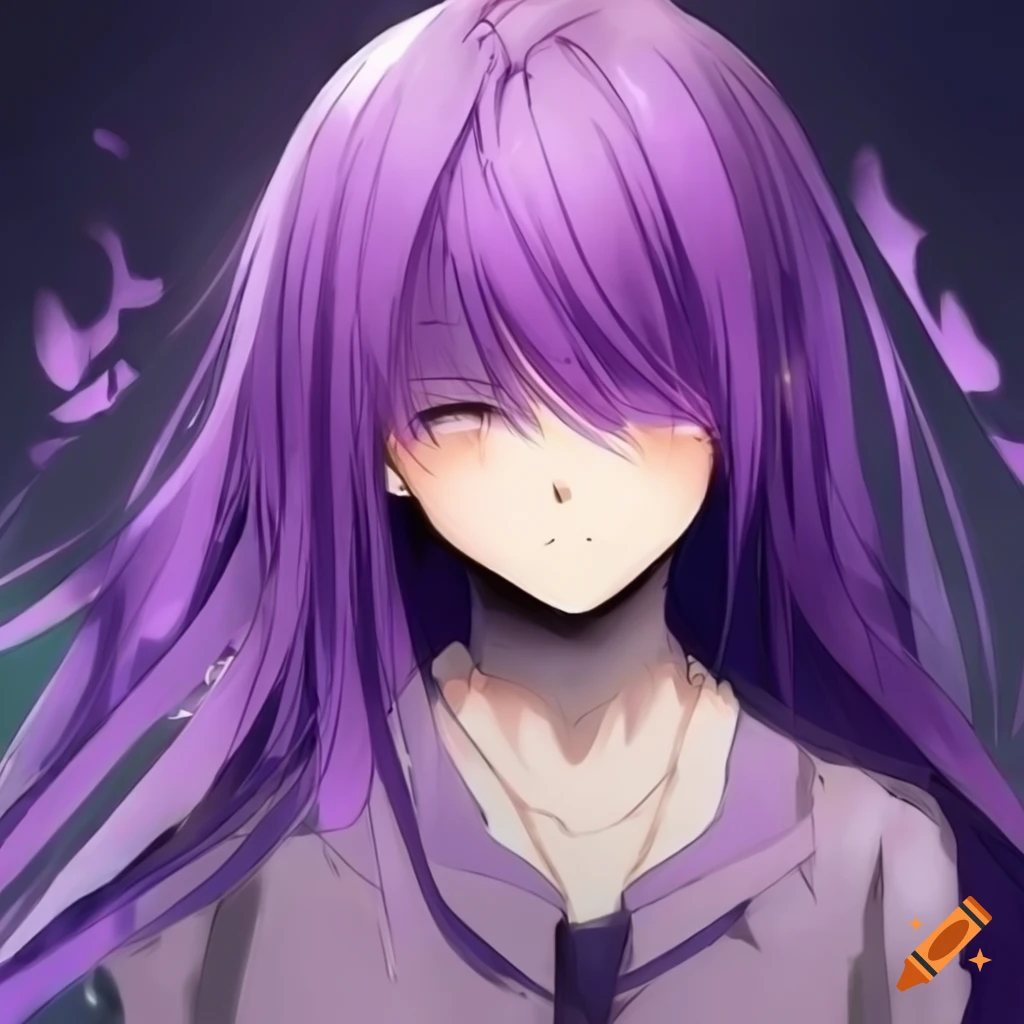 Shy Anime Girl With Long Purple Hair Covering One Eye On Craiyon