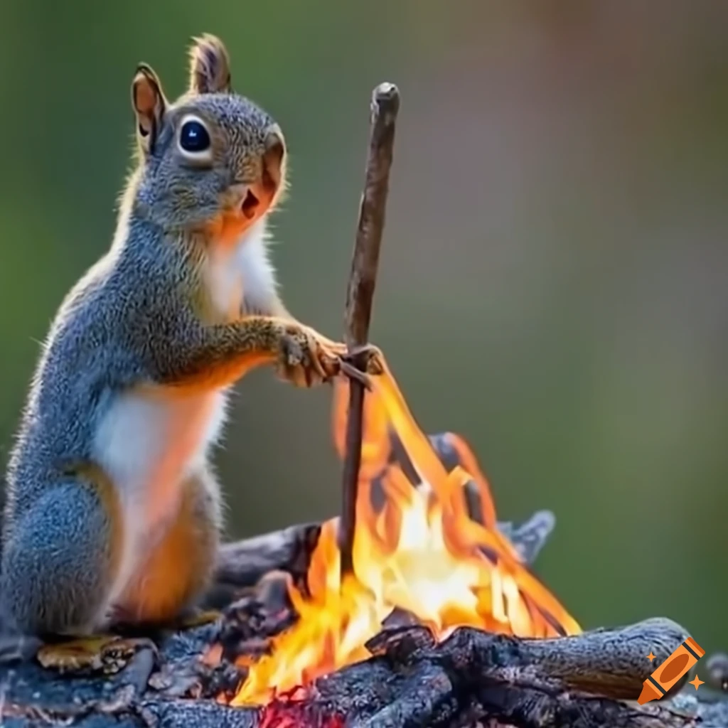 Squirrel roasting a marshmallow over a campfire on Craiyon
