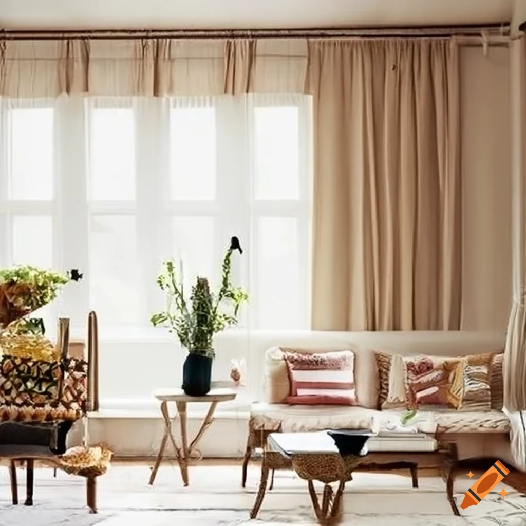 Cream living room with jute blinds and white curtains on Craiyon