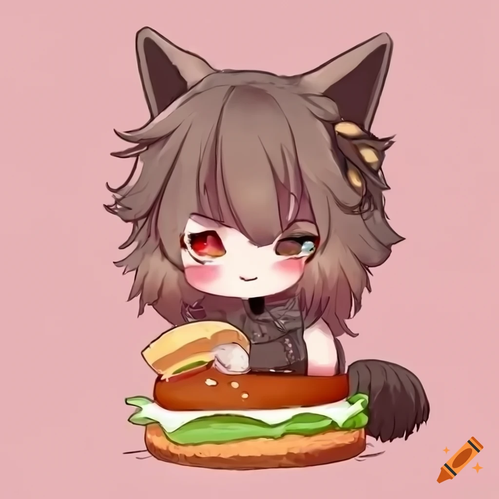 Redhaired raccoon chibi vtuber eating a burger