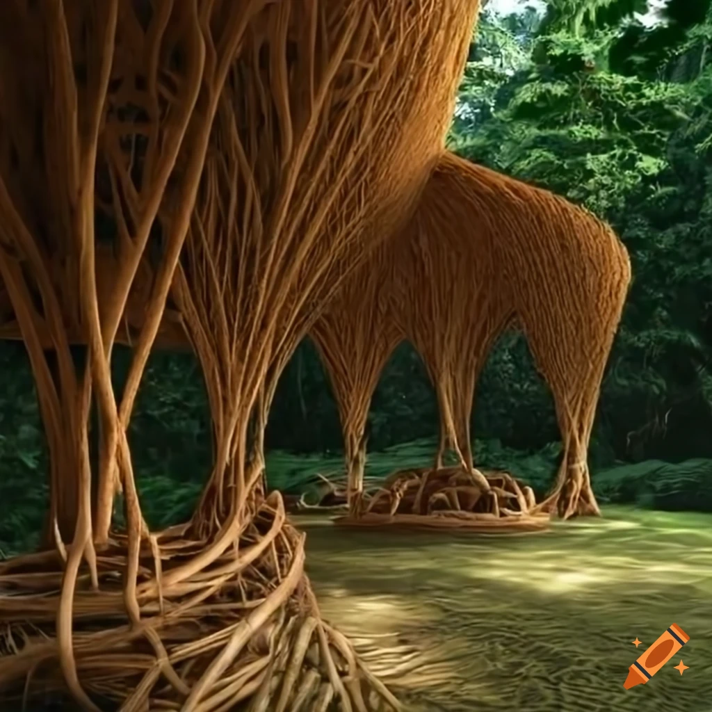 Pavilion made of interwoven straw with organic architecture resembling a tree on a hill