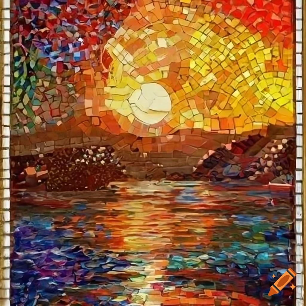 Jesus surrounded by vibrant mosaic inspired by Svetoslav Roerich in a peaceful water scene