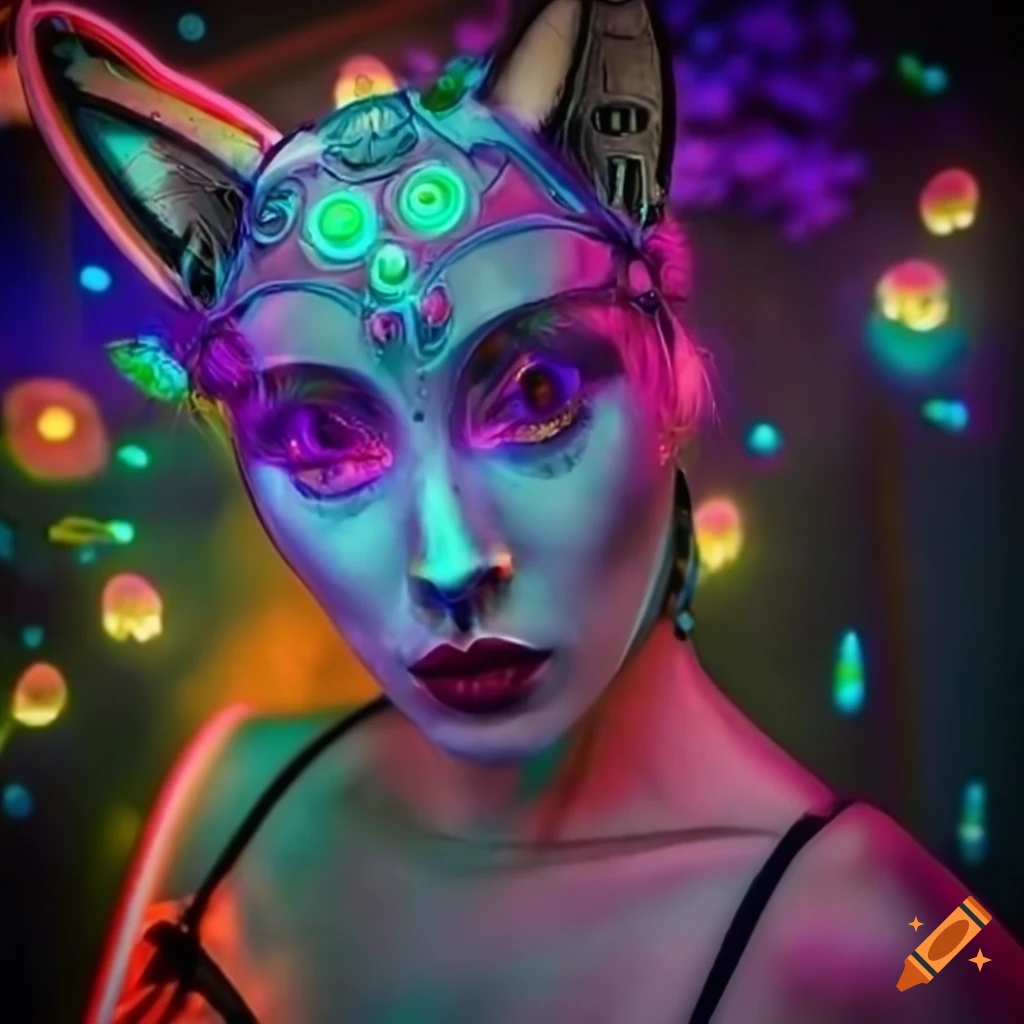 Biopunk cyborg fox goddesses in a neon-lit laboratory with flowers and ...