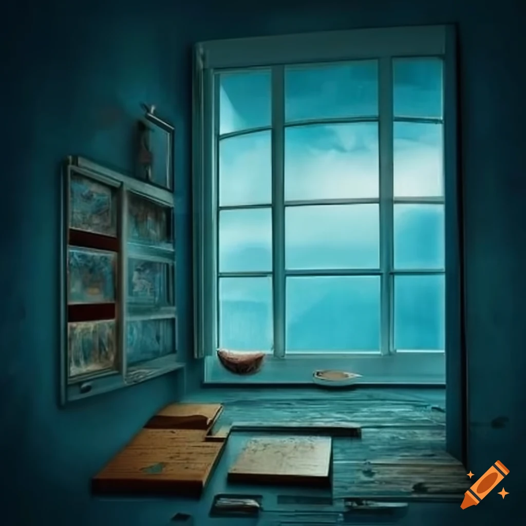 Surrealistic space with frames, windows, and drawers coming from the wall