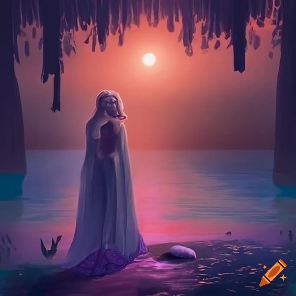 Ethereal figure of a woman emerging from a mountain lake in a timeless