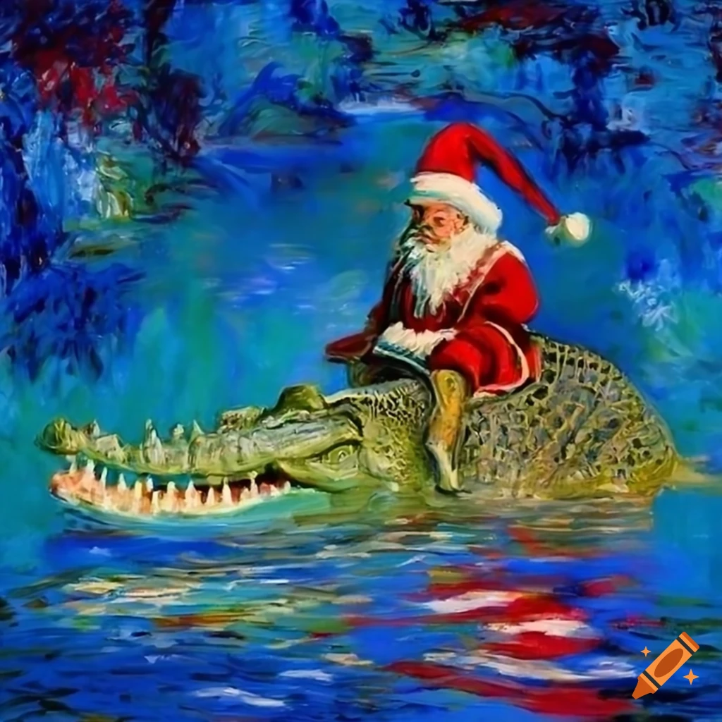 Impressionist painting of a black santa claus riding a crocodile with a