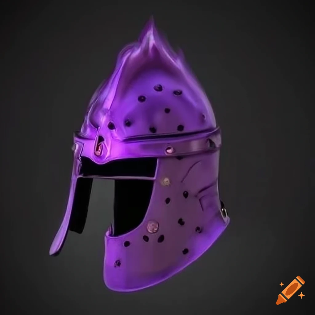 Knight helmet engulfed in purple flames on Craiyon