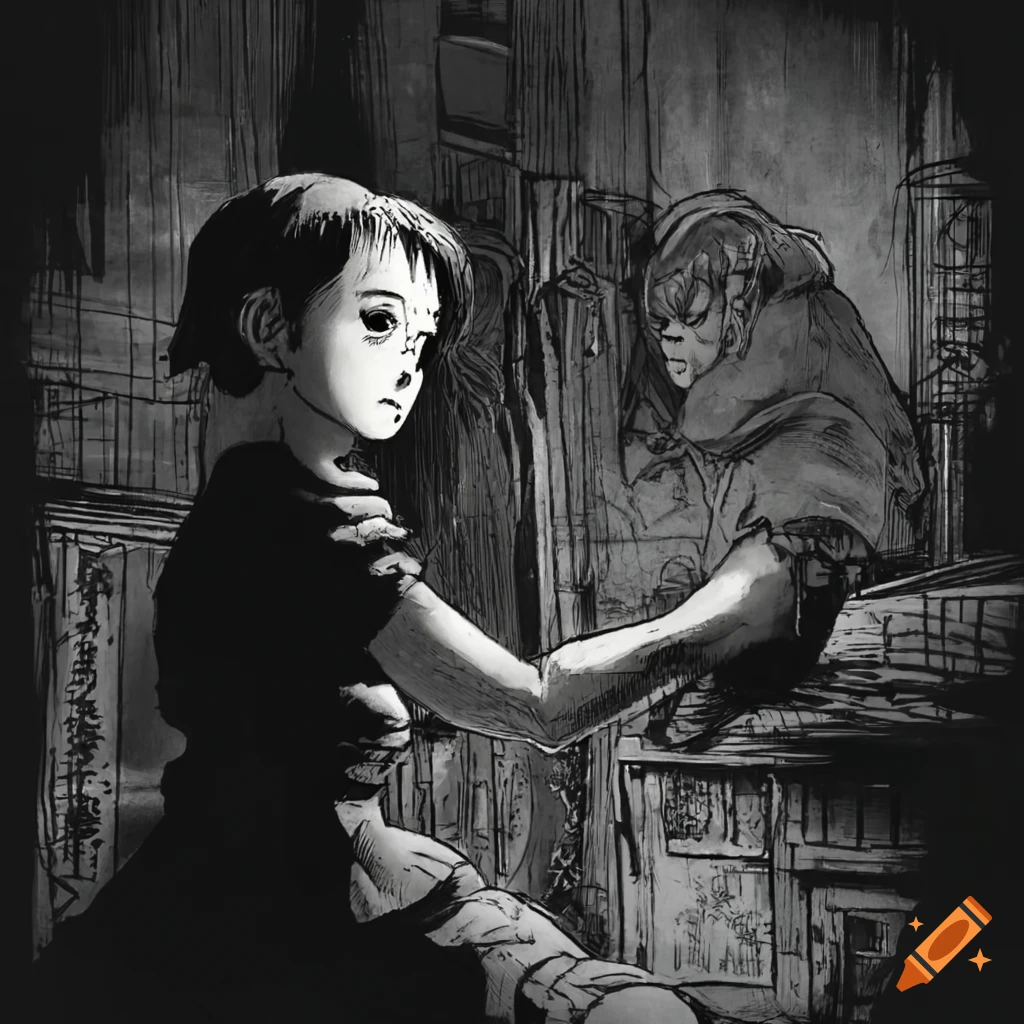 Classic black and white manga scene with stylized background on Craiyon