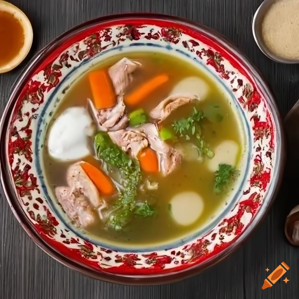 Delicious hot chicken soup with vegetables and sour cream in a colorful bowl