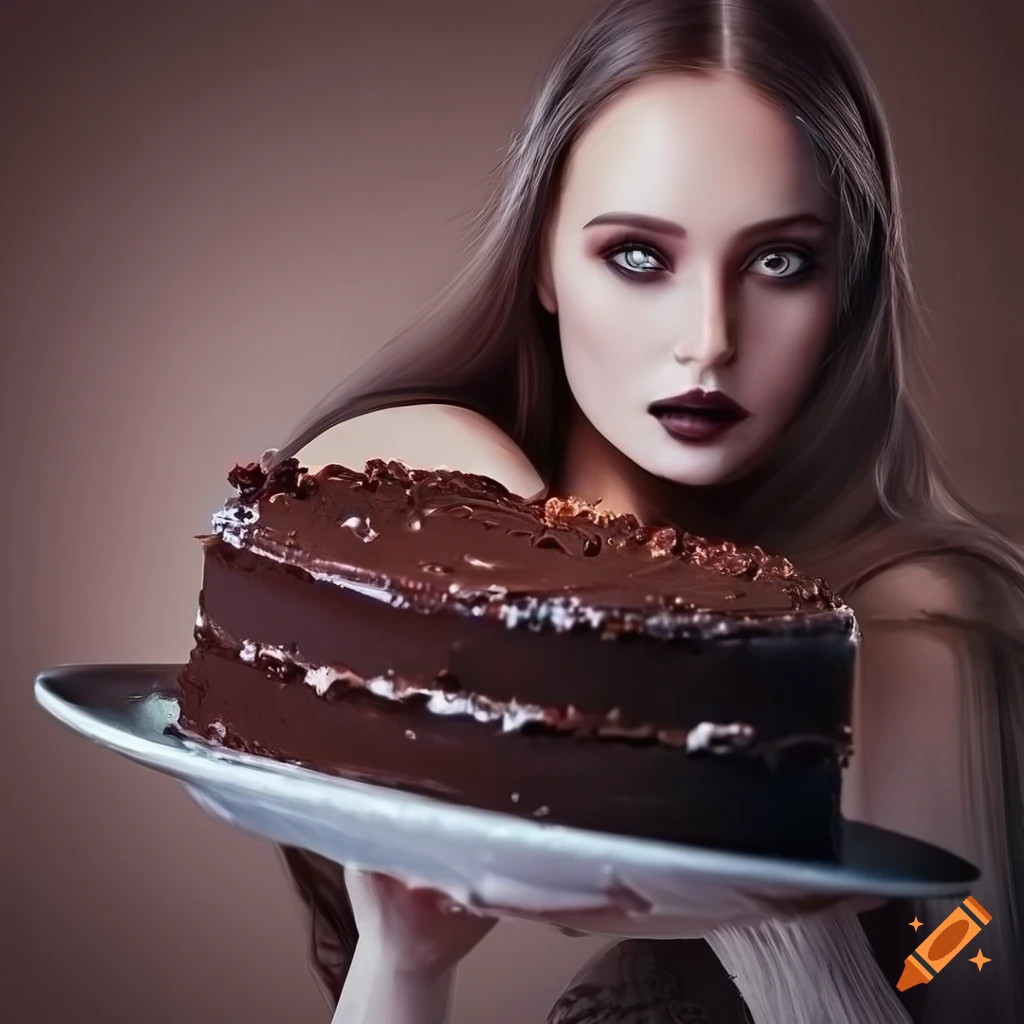 Mysterious woman baking a death by chocolate cake in an art noveau