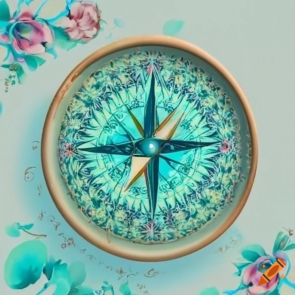 Neutral tone compass with floral vine in turquoise and aqua hues on Craiyon