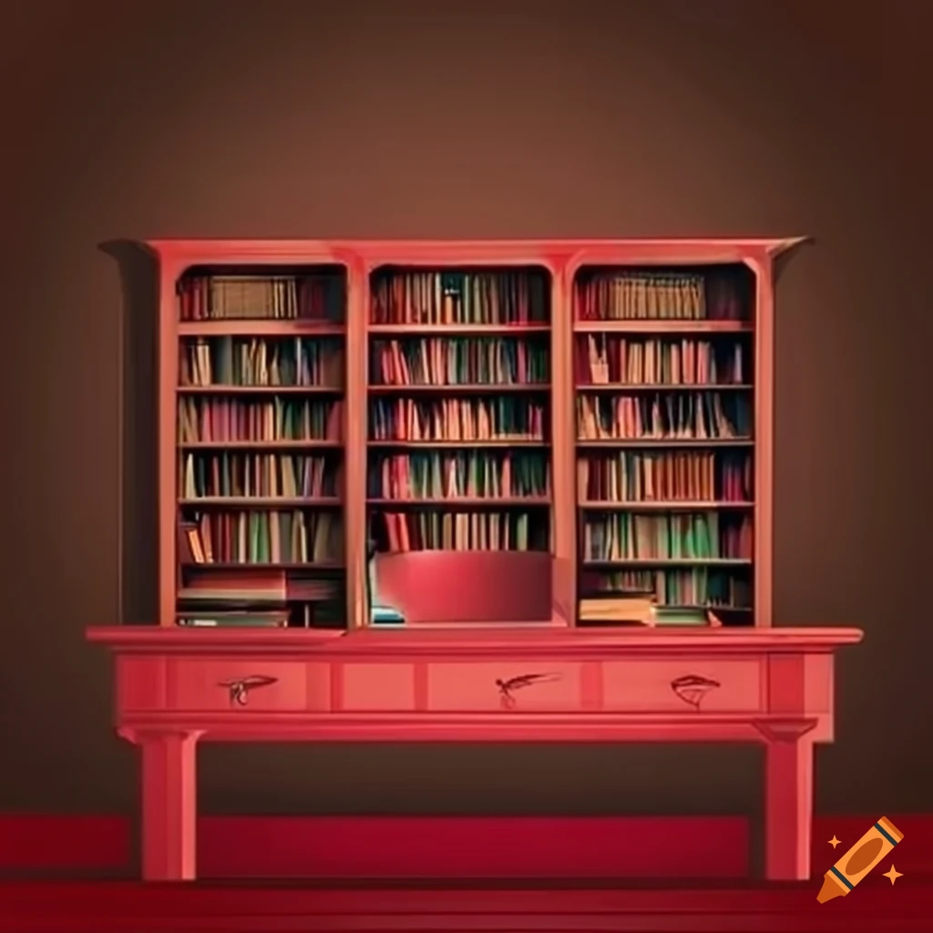 Red-themed room with table and bookshelf on Craiyon
