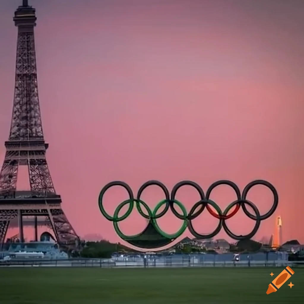 The Olympic rings with the Eiffel Tower in the background