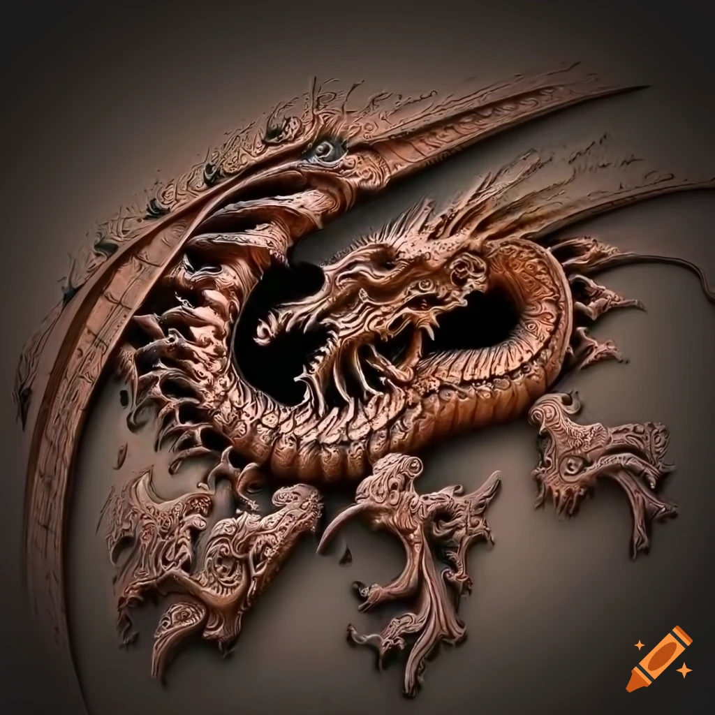 Carved wooden dragon with fractal pattern in a stone cathedral