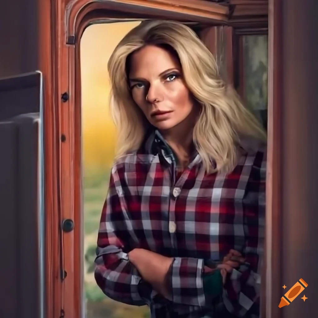 Blonde actress in plaid shirt and black trousers sitting in a caravan