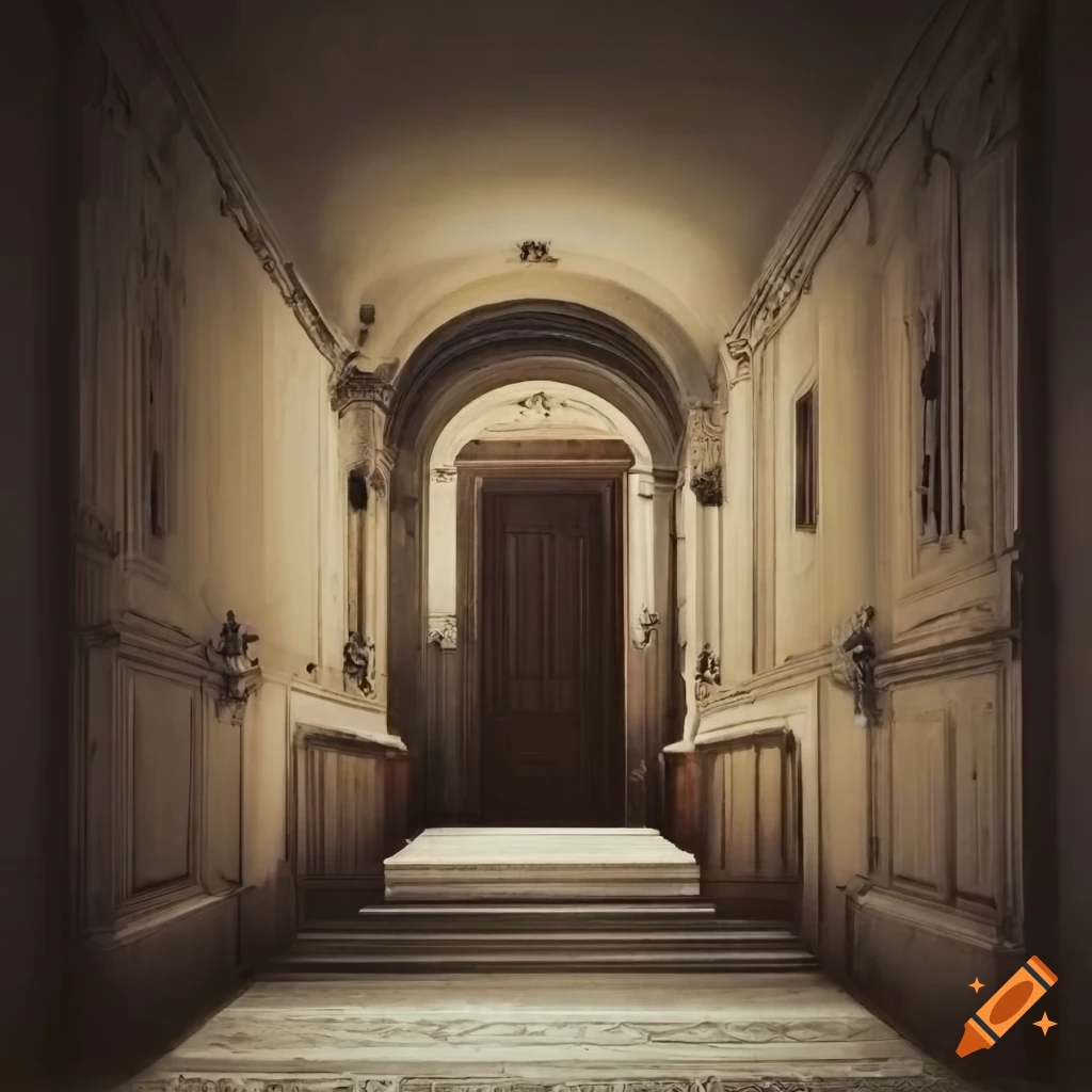 Long old hallway with doors and staircase