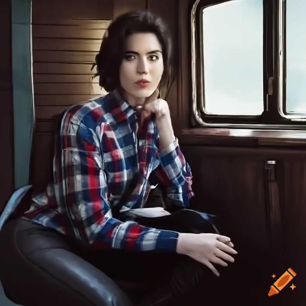 Young woman in plaid shirt and black leather trousers sitting in a caravan trailer