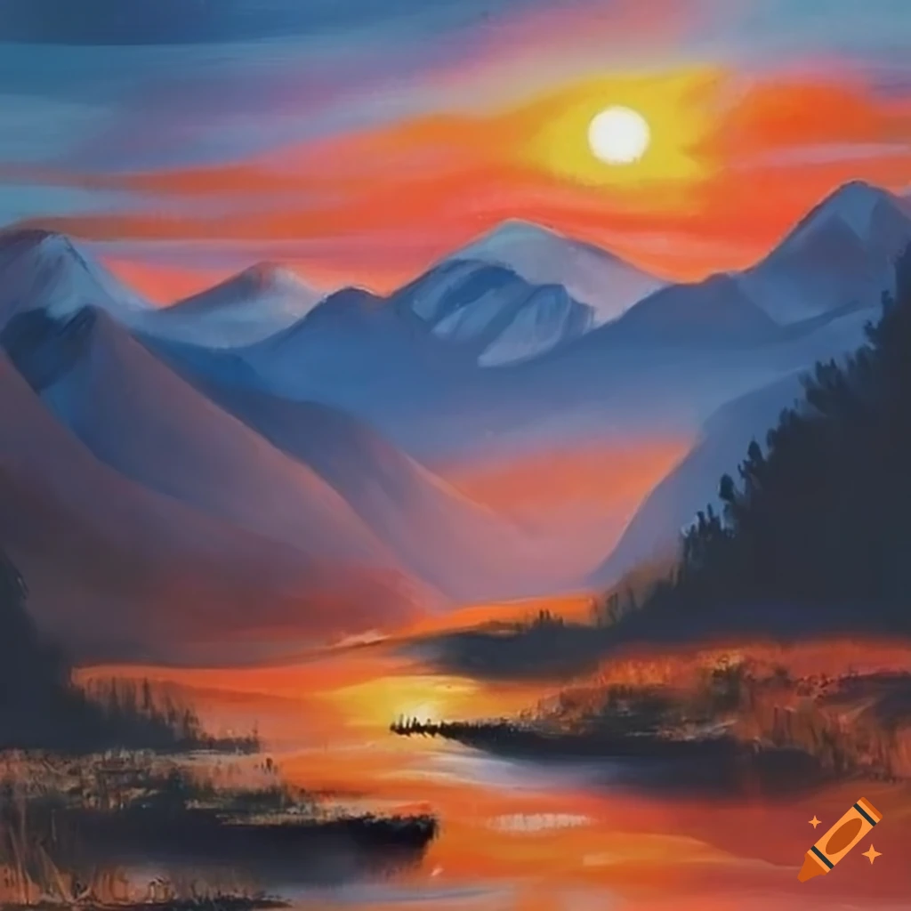 絵画 Mountain at sunset Pixel Art Mountain Sunset Landscape Stock Illustration
