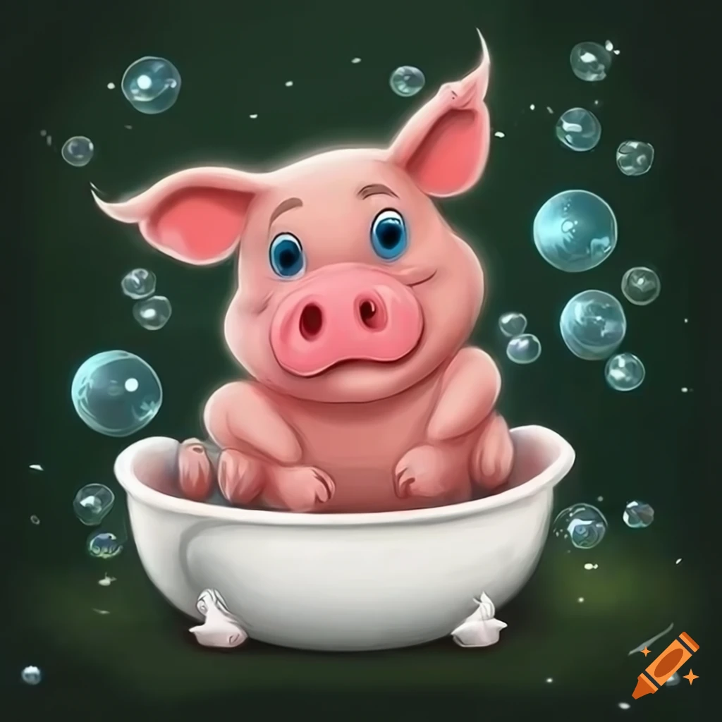 Cartoonish cute pig in a bathtub with bubbles in the forest