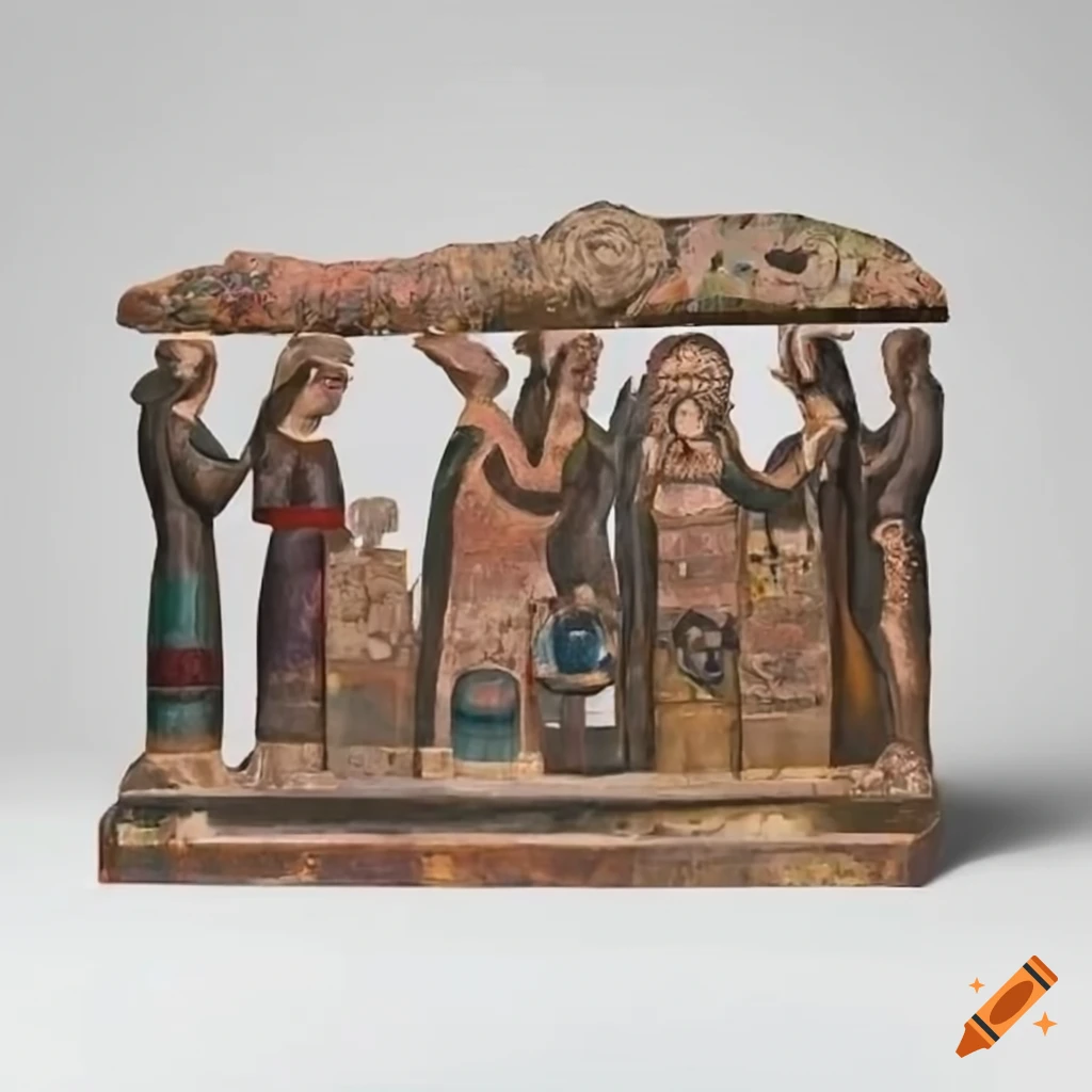 Biblical characters engaging in a reverent ceremony with an adorned altar