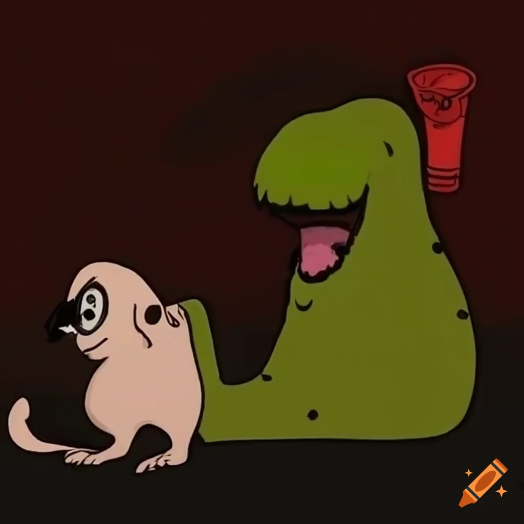 Illustration of mr. salad fingers escaping from aggressive dogs on Craiyon