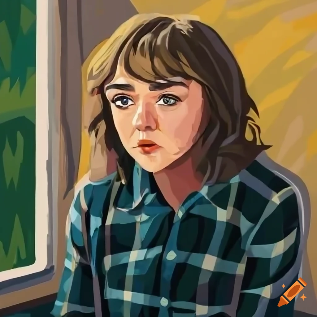 Young woman in country plaid shirt and black leather trousers sitting in a caravan trailer