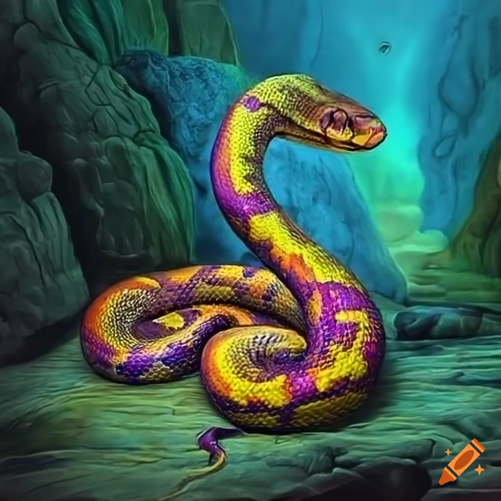 Colorful realistic python in a surreal cavern on Craiyon