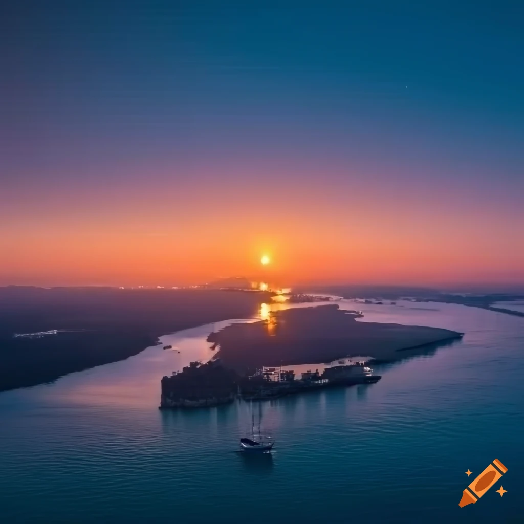 Aerial view of a busy harbor at dawn with a girl in a straw hat pointing into the distance on