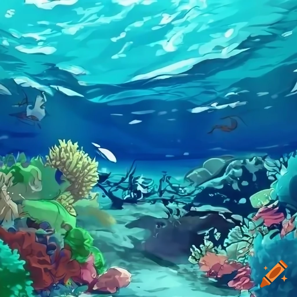 Undersea coral reef with bioluminescence in anime style on Craiyon