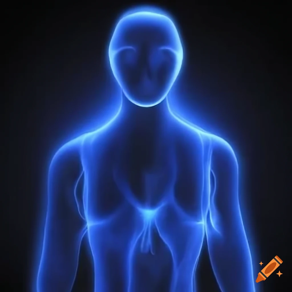 Friendly blue plasma humanoid in a monk vest