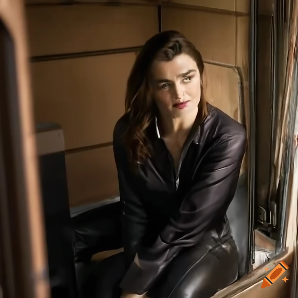Young woman in plaid shirt and black leather trousers sitting in caravan trailer