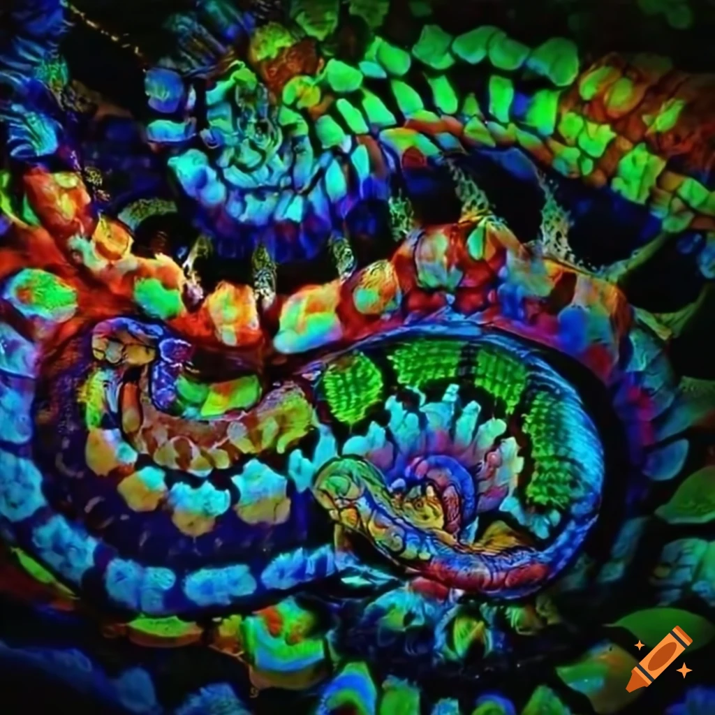 Colorful serpent python in a psychedelic cavern in Aboriginal dreamtime ...