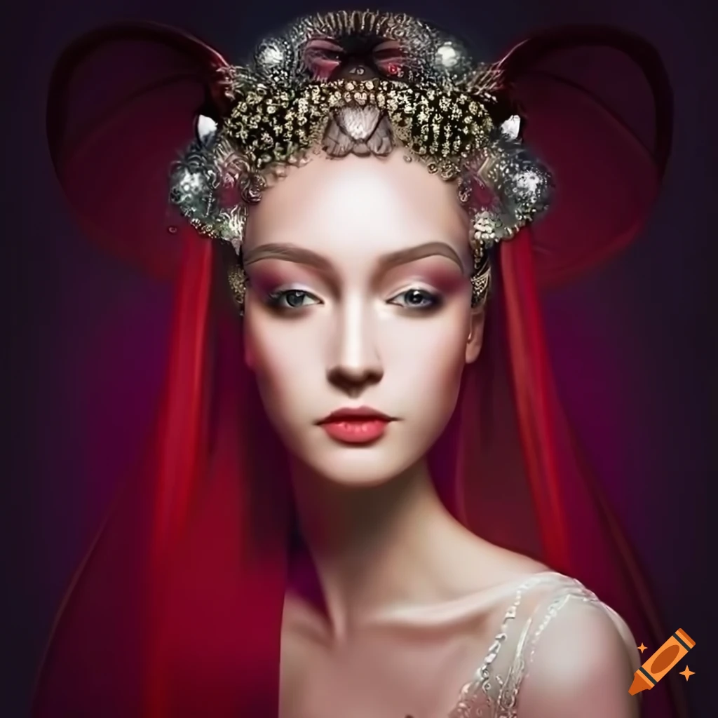 Portrait of a young goddess with intense gaze and extravagant fashion ...