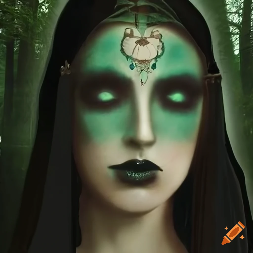 Gothic enchantress in an emerald woodland by a tranquil mountain lake