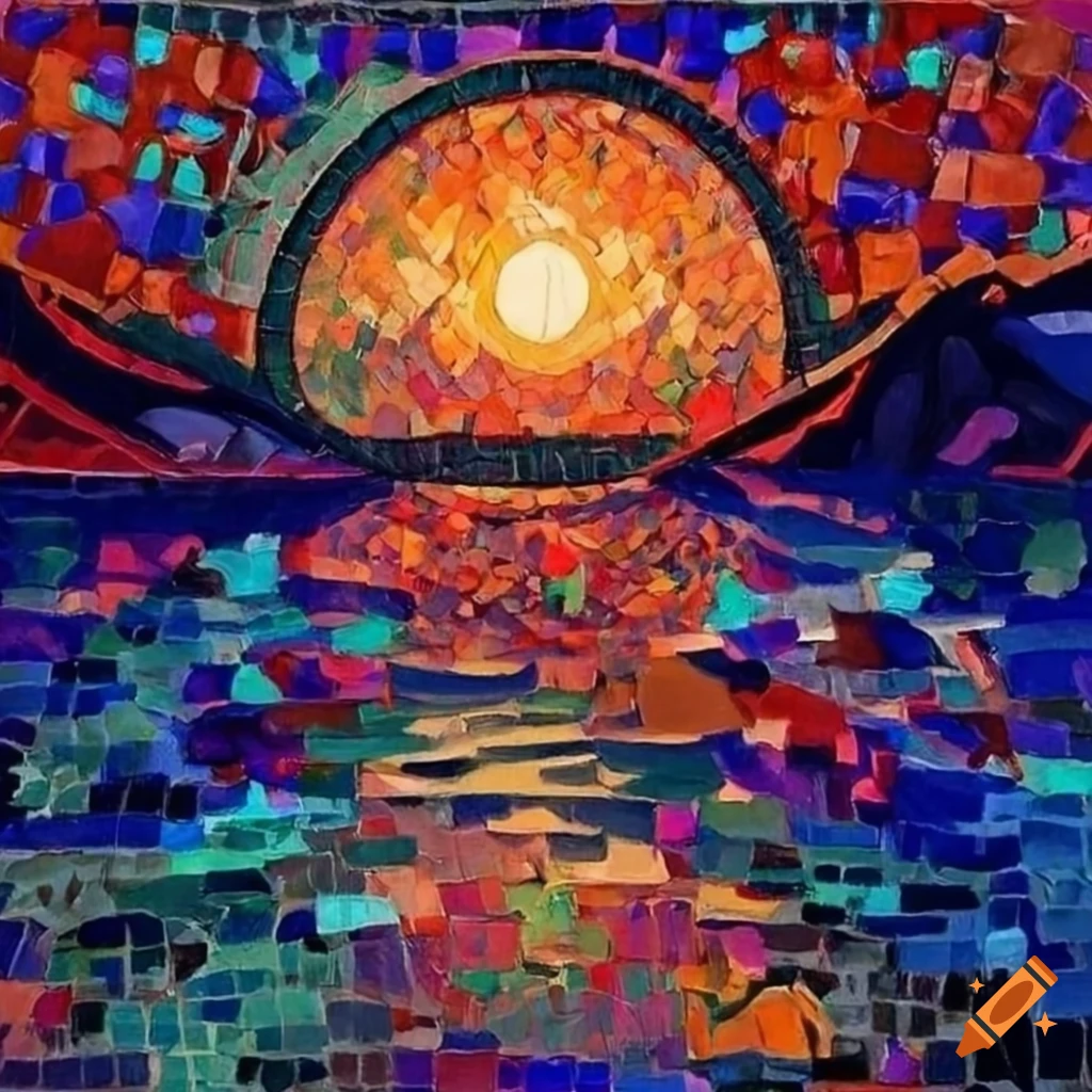 Jesus surrounded by vibrant mosaic inspired by Svetoslav Roerich in a peaceful water scene