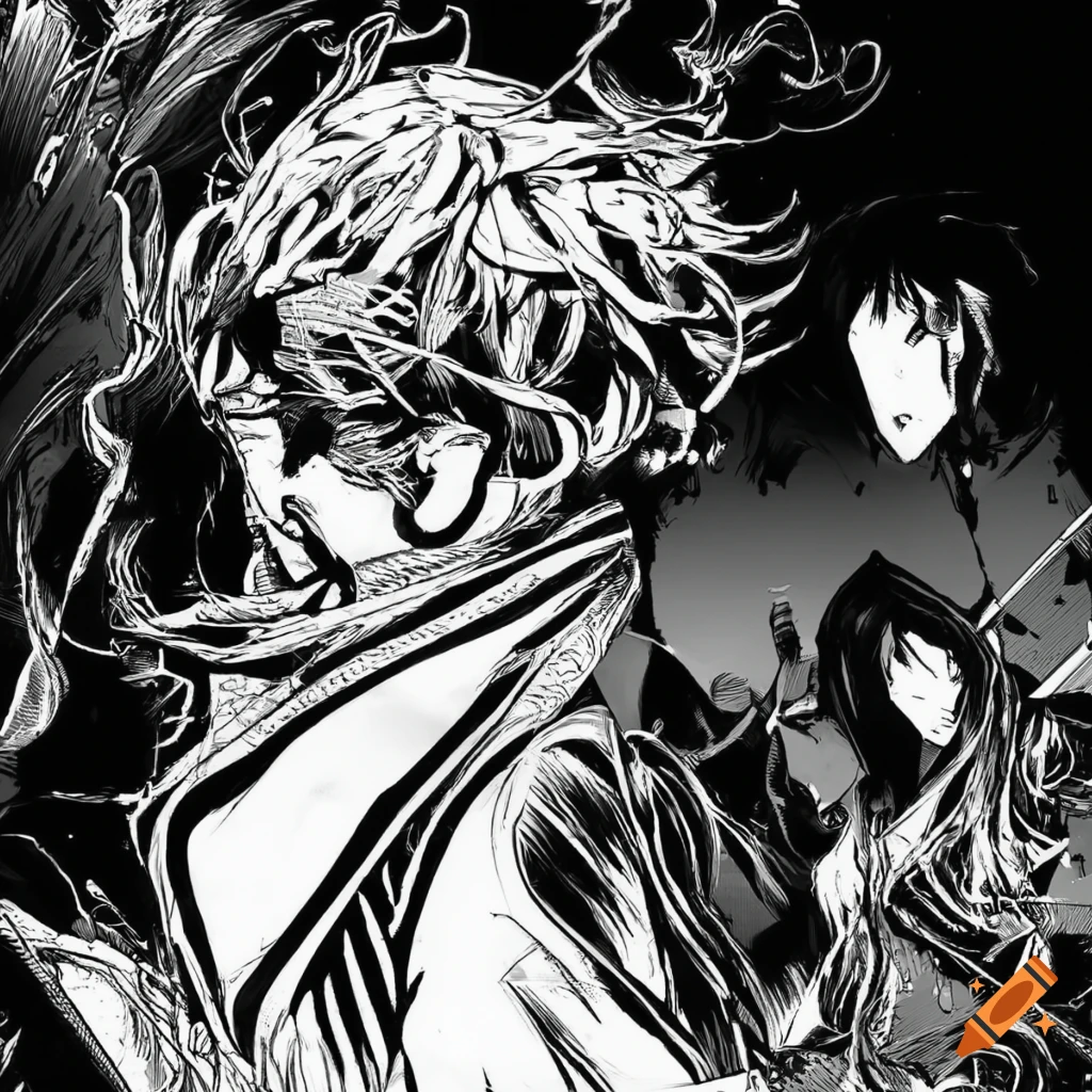 Black and white highly detailed abstract manga panel with sharp outline ...