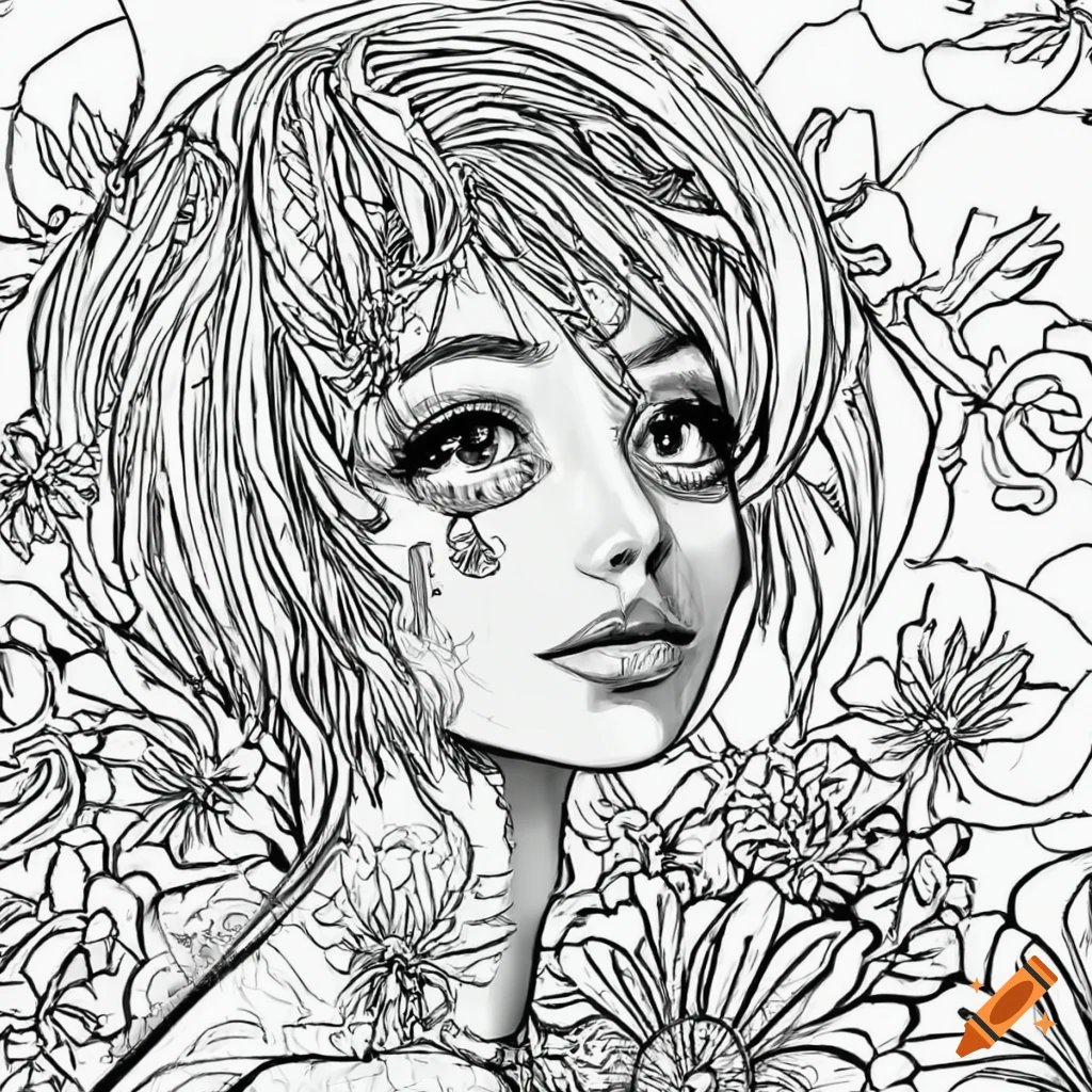 Coloring page in anime style featuring a gorgeous woman with flowers in ...