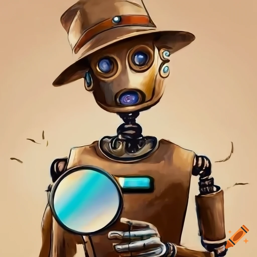 Bright painting of detective robot with detective costume and