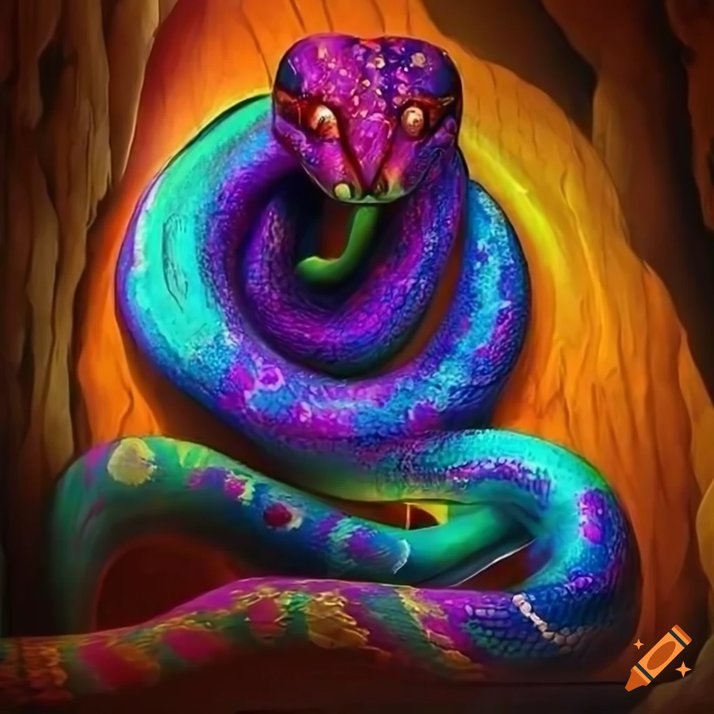 Colorful realistic python in a cavern with surrealism and dreamtime ...