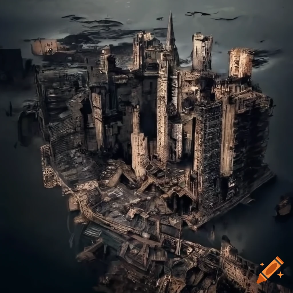 Aerial view of post-apocalyptic ruined cityscape on Craiyon