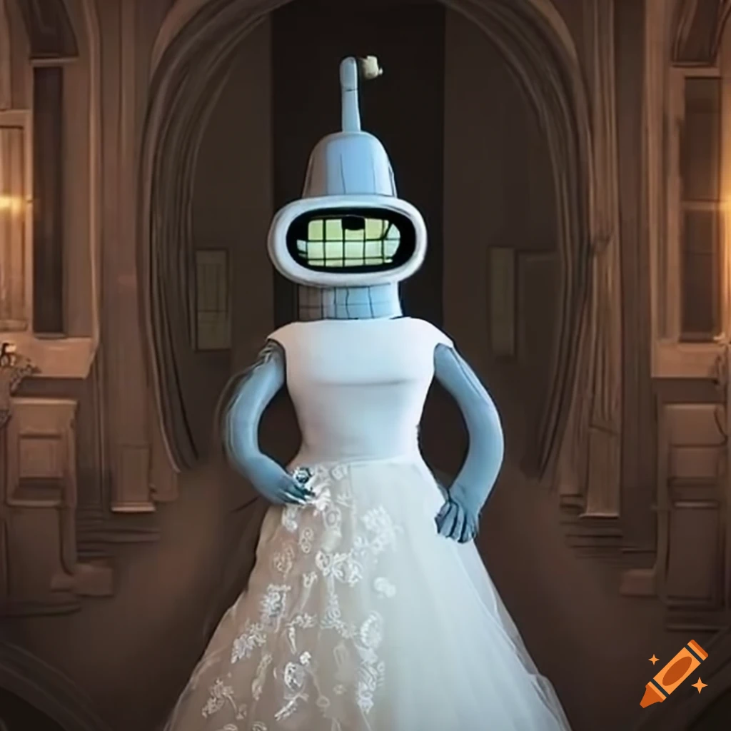 Bender from Futurama wearing a wedding dress