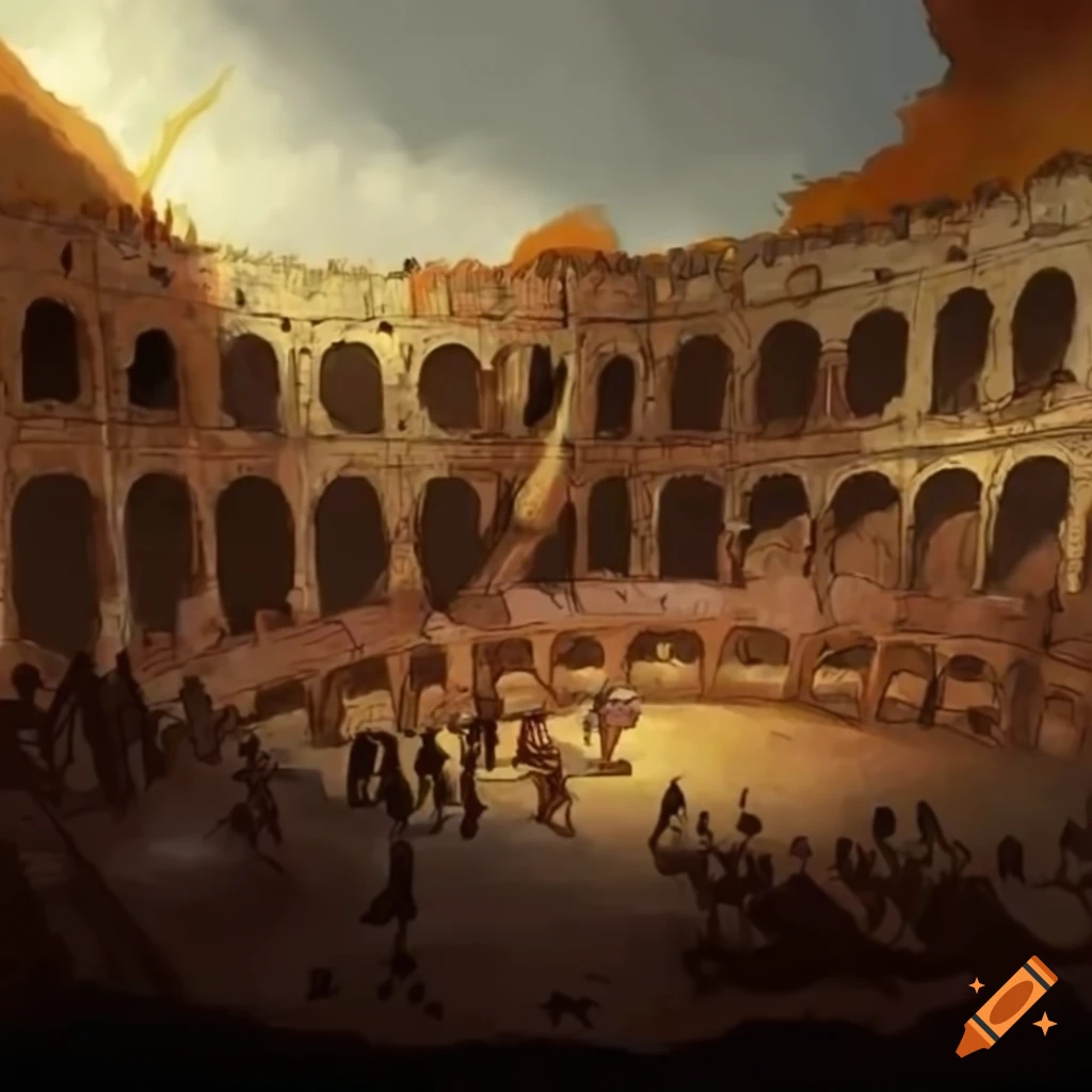Roman Ampitheatre with Thracian and Samnite fighters and roses on the ground
