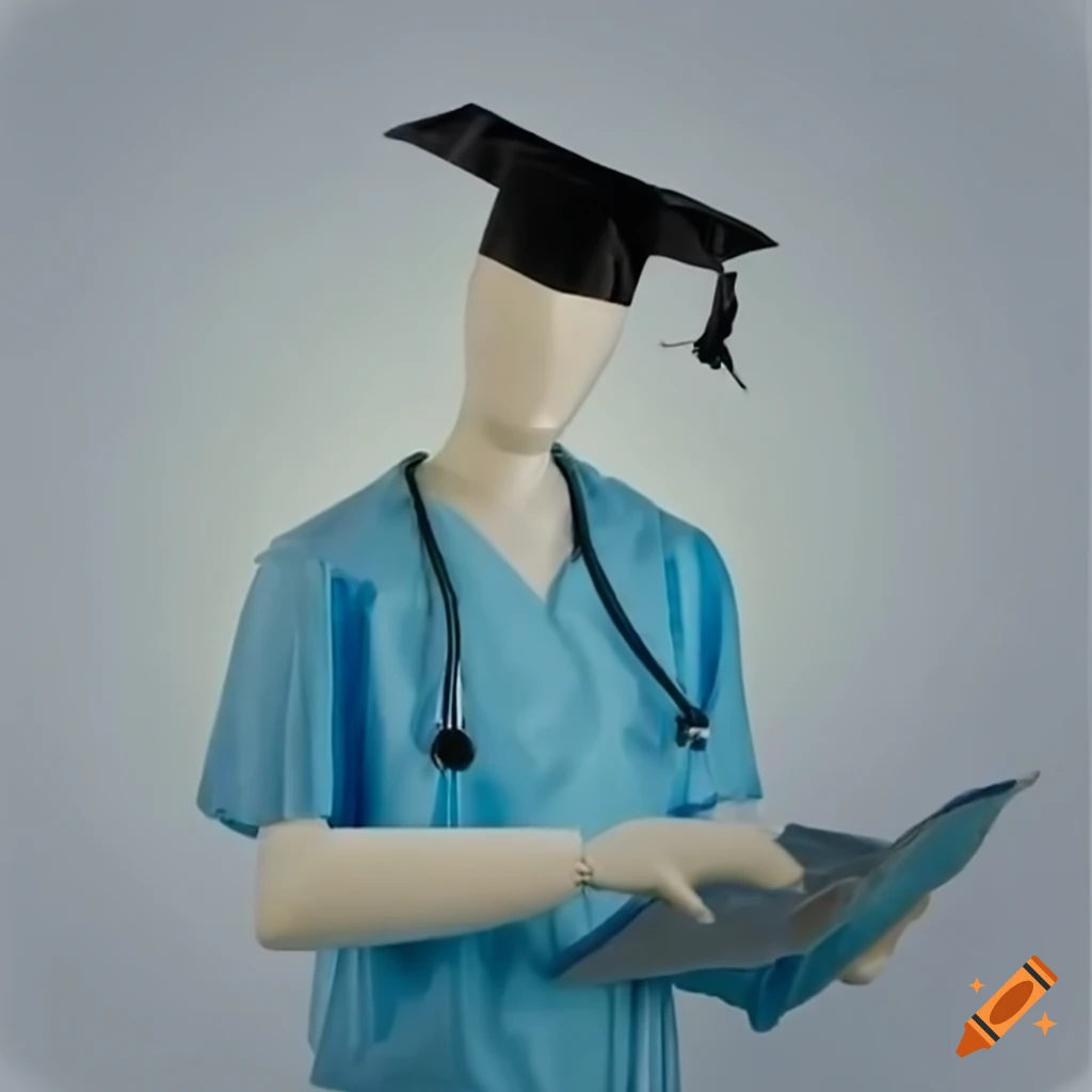 Medical mannequin wearing a gown and hat teaching students in front of white board