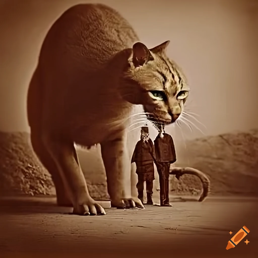 Historical sepia photo of paleontologists standing beside a giant ancient cat