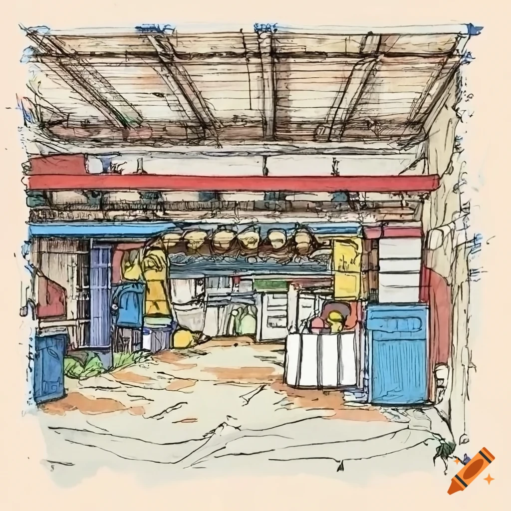 Hayao miyazaki-style colored ink drawing of an industrial garage on Craiyon