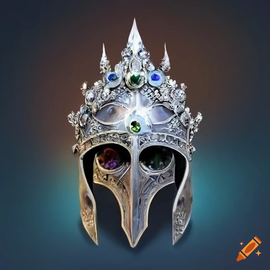 Fantasy silver crown filled with gemstones and serving as a war helmet