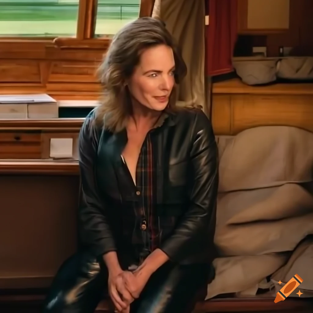 Young woman in country plaid shirt and high waist black leather trousers sitting in a caravan trailer