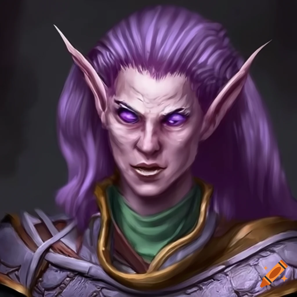 Eldrith oneeyed male elf thief with purple eye on Craiyon