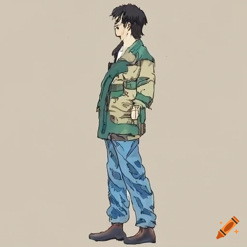 Technical drawing of a man in camouflage coat and blue jeans in Ghibli style