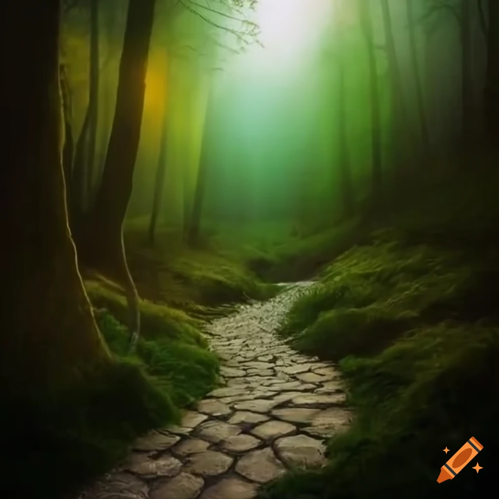 Stone path through an enchanted magical forest in the evening on Craiyon
